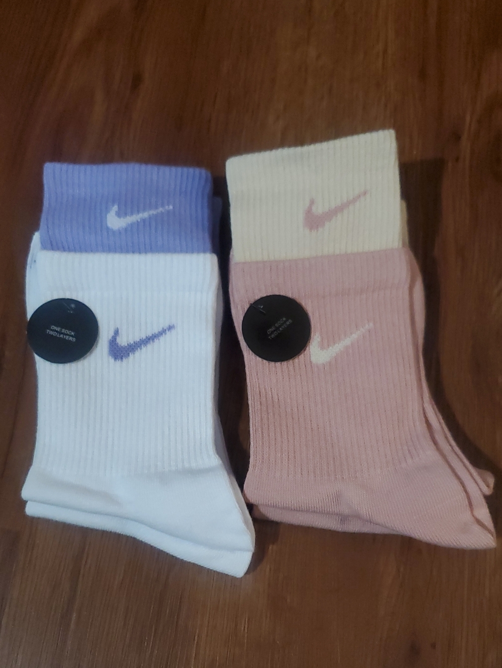 Nike Women’s Double Cuff Crew Socks-White with Purple & Pink with Cream Accents